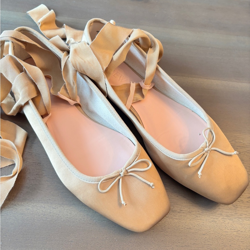 J. Crew Tan Satin Ballet Flats with Ribbon Detail Sz 10